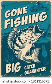 Fishing vintage monochrome poster with inscriptions and big perch on fishing rod lure float and hook background vector illustration