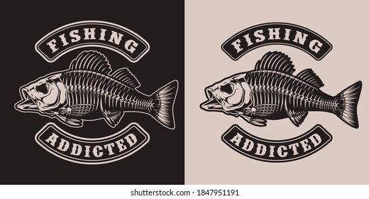 Fishing vintage monochrome print with big bass fish skeleton isolated vector illustration