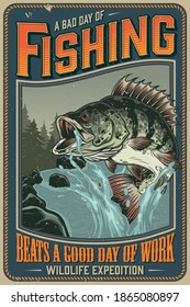 Fishing vintage poster with big perch and water splashes on mountain river landscape vector illustration