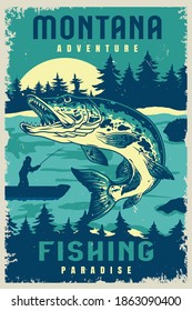 Fishing Vintage Poster With Big Pike And Fisherman On Boat Silhouette On Forest And Moon Landscape Vector Illustration