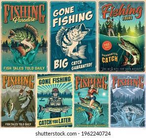 Fishing vintage posters set with inscriptions anglers caught different fishes and beautiful woman sitting on pike which jumping out of water vector illustration