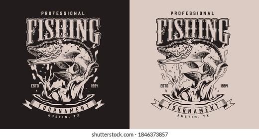 Fishing vintage print with pike fish jumping out of water in monochrome style isolated vector illustration