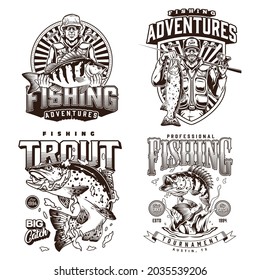 Fishing vintage prints set with rainbow trout perch smiling fishers in sunglasses holding big catch on light background isolated vector illustration