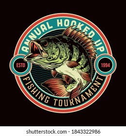 Fishing vintage round print with bass fish and letterings isolated vector illustration