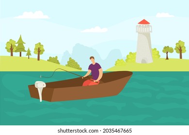 Fishing at water, vector illustration. Fisherman character sit in boat, catch fish from river nature by rod. Man person have hobby at sea, lake