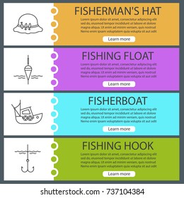 Fishing web banner templates set. Fishing float, fisherman`s hat, boat, fishhook. Website menu items. Vector headers design concepts
