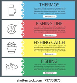 Fishing web banner templates set. Bucket with catch, thermos, fishing line spool, fish. Website menu items. Vector headers design concepts