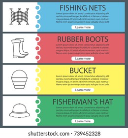 Fishing web banner templates set. Fishnets, bucket, rubber boots, fisherman hat. Website menu items. Vector headers design concepts