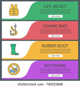 Fishing web banner templates set. Life jacket, bait, rubber boot, no fishing sign. Website color menu items. Vector headers design concepts