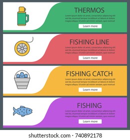 Fishing web banner templates set. Bucket with catch, thermos, fishing line spool, fish. Website color menu items. Vector headers design concepts