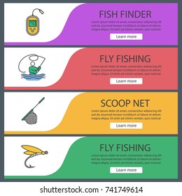 Fishing web banner templates set. Fly fishing, echo sounder, landing net, insect lure.Website color menu items. Vector headers design concepts