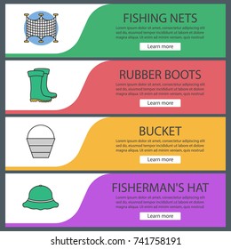Fishing web banner templates set. Fishnets, bucket, rubber boots, fisherman hat. Website color menu items. Vector headers design concepts