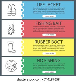 Fishing web banner templates set. Life jacket, bait, rubber boot, no fishing sign. Website menu items. Vector headers design concepts