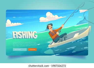 Fishing website with lake and man in boat. Fisherman with rod catches in river, pond or sea. Vector landing page of summer vacation activity for anglers with cartoon landscape