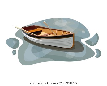 Fishing white wooden boat with oars on the water of a lake or sea.