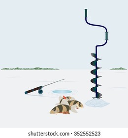 Fishing in winter. Ice screws, hole in the ice and catch fish catch on ice.