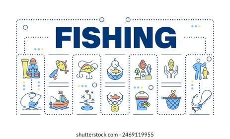 Fishing word concept isolated on white. tackle box, accessories. Food production business. Creative illustration banner surrounded by editable line colorful icons