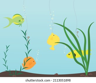 fishing for a worm. Vector illustration of the underwater world with cute fish