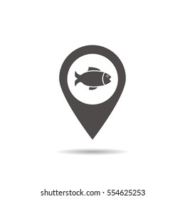 Fishing zone pinpoint icon. Drop shadow map pointer silhouette symbol. Fish location. Vector isolated illustration