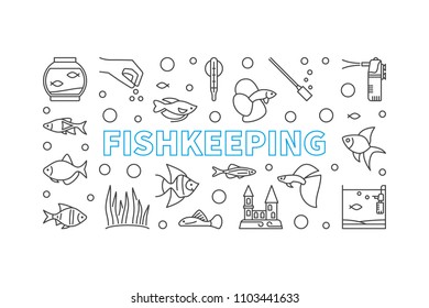 Fishkeeping vector concept horizontal illustration or banner made of aquarium equipment and fish linear icons