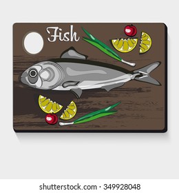 Fish,lemon,tomato,onion, cutting board set vector.Healthy food
