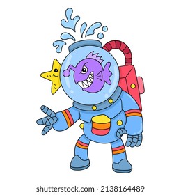 Fischtaucher im Meer spielen mit Tieren, Vektorgrafik Kunst. doodle Symbol kawaii.