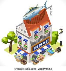 Fishmonger Shop Building with a Big Tuna Fish at the Top. 3D Tile for Your Own Isometric Game App. Tint Vector Isometric Icon. 
