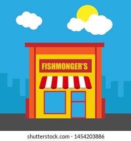 fishmonger's front exterior facade.flat design. fishmonger's building - fishmonger's icon. flat design