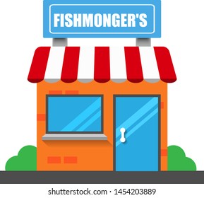 fishmonger's front exterior facade.flat design. fishmonger's building - fishmonger's icon. flat design