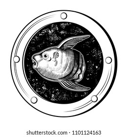 Fish-moon in a round window porthole.Vector black and white picture in vintage style.Hand-drawn illustration of an animal against the sea depth  background.