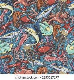 Fishnet with fish colorful pattern seamless fishing for seafood and marine animals from ocean with jellyfish or squid vector illustration