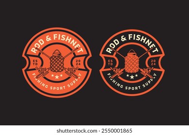 fishnet with fishing rod, fishhook with fish trap retro badge logo design set. fishery equipment with fishing net vintage emblem logo collection for fisherman, fishing gear, sport, competition