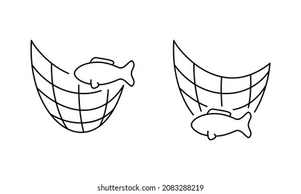 Lineares Fischnetz-Symbol. Umriss einfache Vektorgrafik von Waden mit Fisch. Contour einzeln auf weißem Hintergrund