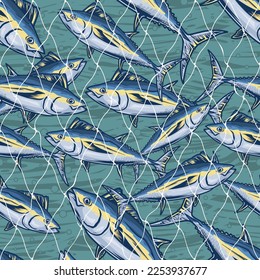 Fishnet tuna pattern seamless colorful fisherman underwater net in sea water with fish from mackerel family vector illustration