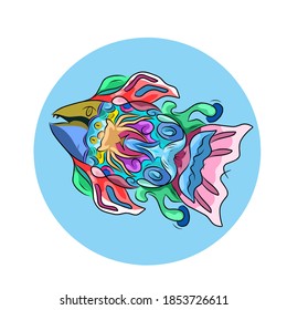 Fish,octopus,and whale tail in doodle art.abstract background