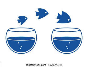 Fishs jumping out one aquariums to another aquarium. Blue silhouettes. Vector illustration