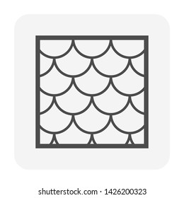 Fishscale roof tile pattern vector icon. Made from material i.e. terracotta, slate, metal, steel, ceramic, concrete, plastic, clay or fiberglass. For cover and construction of house or building.