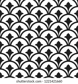 Fish-scale seamless pattern. Oriental tiled trellis of half circles with Islamic flower shape inside. Islamic, tatar style monochrome grid background. Vector illustration.