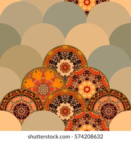 Fish-scales seamless pattern with different mandalas in ethnic style. Beautiful print for fabric. Paper, wallpaper, packaging design. Vector illustration. Japanese, thai, chinese motives.