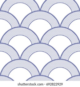 Fish-scales seamless pattern filled with Japanese half-circle style print. Oriental traditional ornament with fish scale trellis inside. Half-circle lace print. Vector illustration.