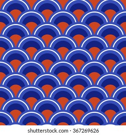 Fish-scales Seamless pattern. Korean traditional ornament. Abstract colorful orange and blue oriental Background. Half-circle backdrop. Geometric Grid. Vector Illustration.