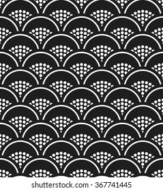 Fish-scales Seamless pattern. Oriental traditional ornament. Abstract Black and White  dotted Background. Half-circle backdrop. Geometric Grid. Vector Illustration.