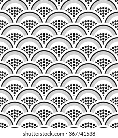 Fish-scales Seamless pattern. Oriental traditional ornament. Abstract Black and White  dotted Background. Half-circle backdrop. Geometric Grid. Vector Illustration.
