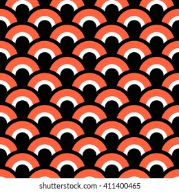 Fish-scales Seamless pattern. Oriental traditional ornament. Abstract Black and Orange Background. Grid texture. Half-circle backdrop. Textile and paper pattern. Geometric Grid.Vector Regular Texture.
