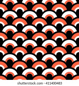 Fish-scales Seamless pattern. Oriental traditional ornament. Abstract Black and Orange Background. Grid texture. Half-circle backdrop. Textile and paper pattern. Geometric Grid.Vector Regular Texture.
