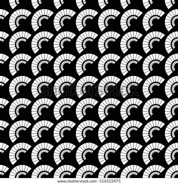 Fish-scales tiled seamless geometric\
pattern. Grid of circles divided into sections. Oriental\
traditional ornament. Abstract black and white background.\
Monochrome print. Vector\
illustration.