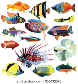 fish-set colorful low poly design isolated on white.