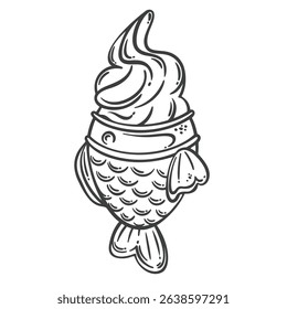 Fish-shaped taiyaki cone filled with creamy soft serve ice cream, detailed in monochrome engraving style. Outline vector illustration for dessert shop, menu, or packaging design.