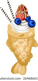 A fish-shaped taiyaki dessert topped with creamy whipped topping, berries, and caramel drizzle, blending classic Japanese style with modern sweet flavors