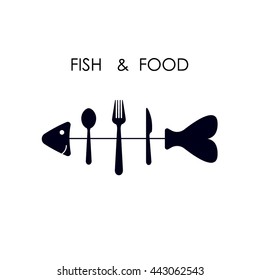 Fish,spoon,fork and knife icon.Fish & food logo design vector icon.Fish & food restaurant menu icon.Vector Illustration